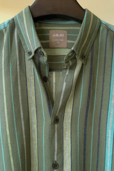 Olive Green With Off-White And Dark Navy Vertical Stripes Shirt