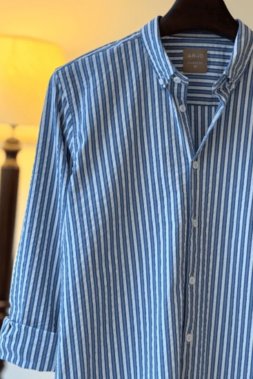 Blue And White Vertical Stripe Seersucker Shirt