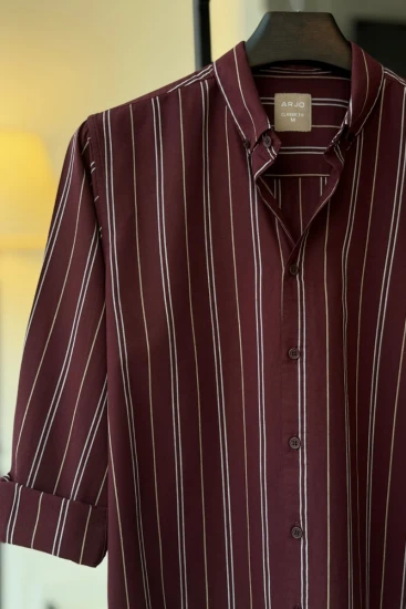 Deep Maroon With Thin White Vertical Stripes Shirt
