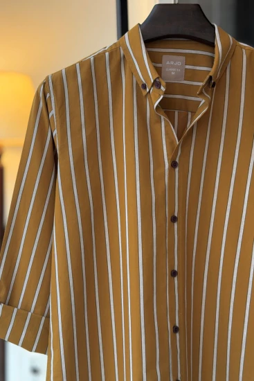 Mustard Brown With Light Gray Vertical Stripes Shirt