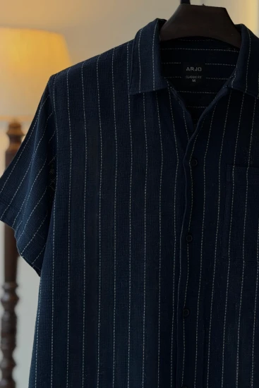 Navy Blue with White Pinstripe Half Sleeve Shirt