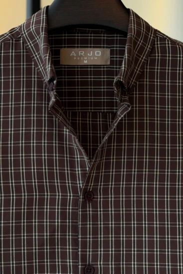 Chocolate Brown With Black And Cream Windowpane Check Pattern Shirt