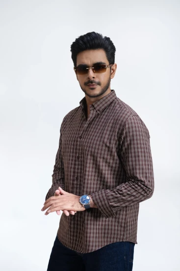 Chocolate Brown With Black And Cream Windowpane Check Pattern Shirt