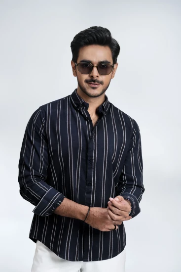 Navy Blue With White And Brown Stripes Shirt