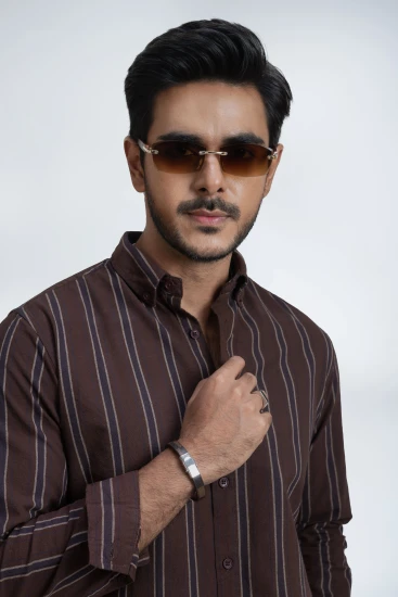Dark Brown With Blue And Beige Stripes Shirt