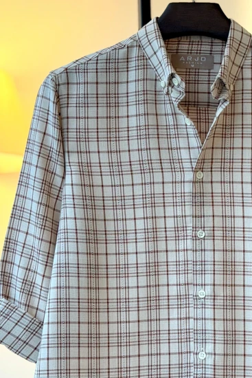 Light Beige With Burgundy Check Shirt
