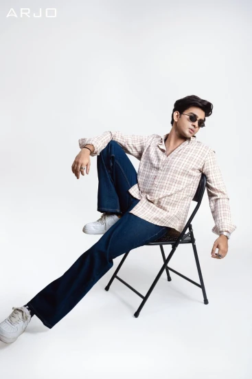 Light Beige With Burgundy Check Shirt