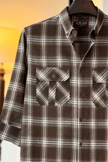 Dark Brown With White And Beige Plaid Double Pocket Shirt