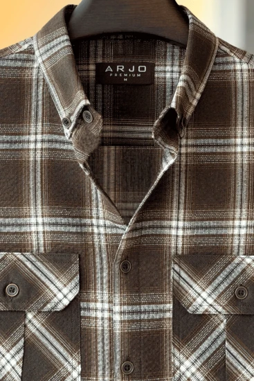 Dark Brown With White And Beige Plaid Double Pocket Shirt