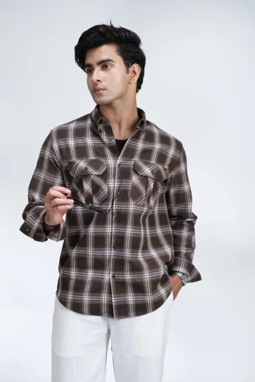 Dark Brown With White And Beige Plaid Check Double Pocket Shirt