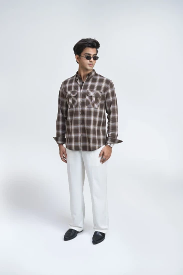 Dark Brown With White And Beige Plaid Check Double Pocket Shirt