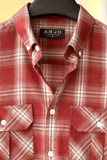 Burgundy White And Beige Plaid Double Pocket Shirt