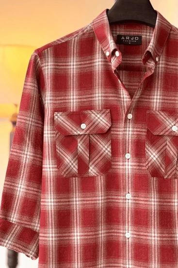Burgundy White And Beige Plaid Double Pocket Shirt