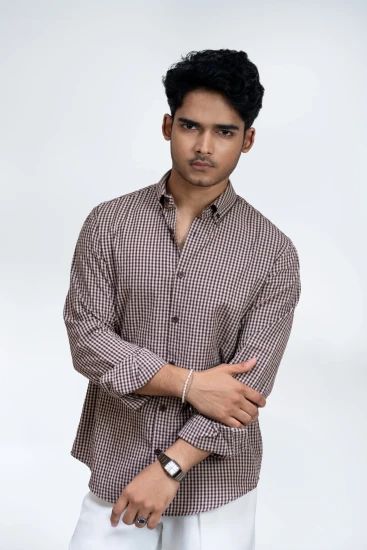 Coffee Brown & Light Beige Micro Check Shirt