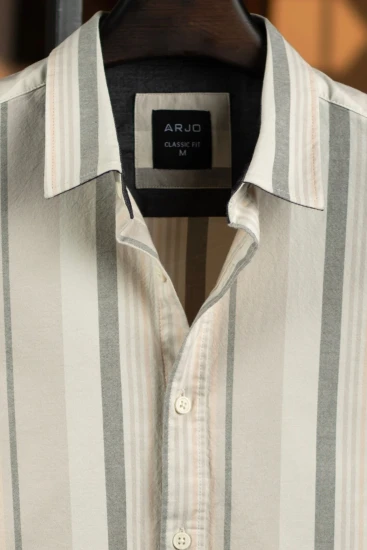 Off White with Oyster White-Dark Gray & Light Peach Stripes Shirt
