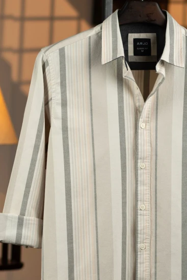 Off White with Oyster White-Dark Gray & Light Peach Stripes Shirt