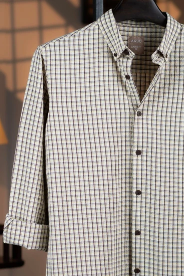 Light-Beige, White, Gray, Lemon-Yellow & Chocolate Plaid Shirt