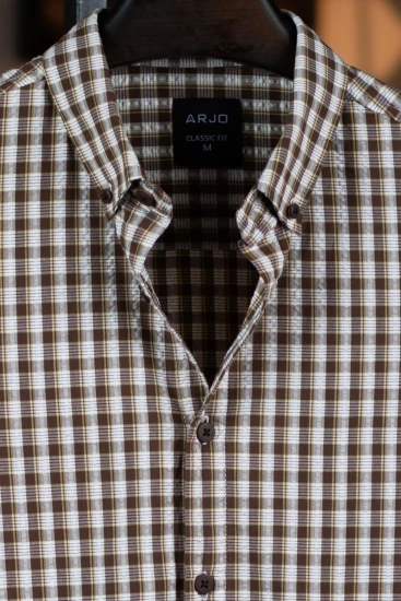 Light Chocolate, White & Light Yellow Check Textured Stripes Shirt