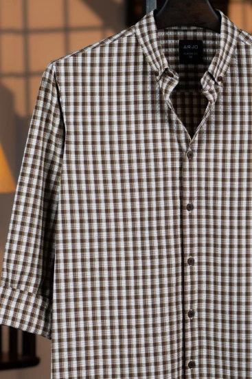 Light Chocolate, White & Light Yellow Check Textured Stripes Shirt