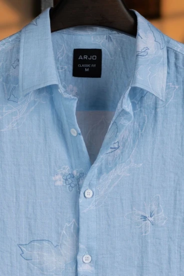Sky Blue with Floral Print Short Sleeve Shirt