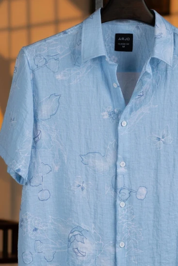 Sky Blue with Floral Print Short Sleeve Shirt