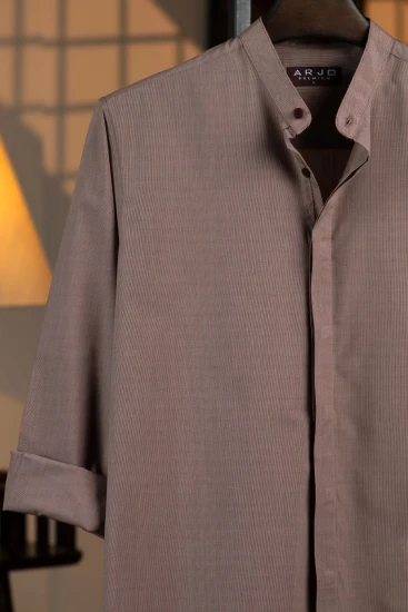 Tan & Chocolate Crosshatch Mandarin Collar Premium Shirt