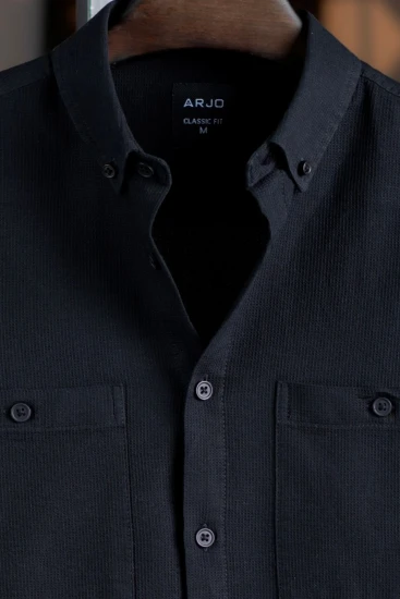 Black Waffle Textured Double Pocket Shirt