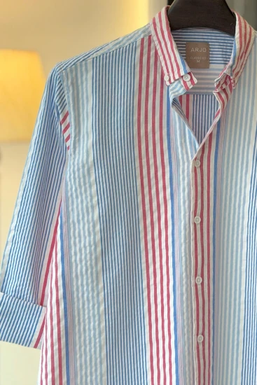 White with Blue, Red & Powder Blue Stripes Seersucker Shirt