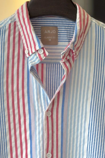 White with Blue, Red & Powder Blue Stripes Seersucker Shirt